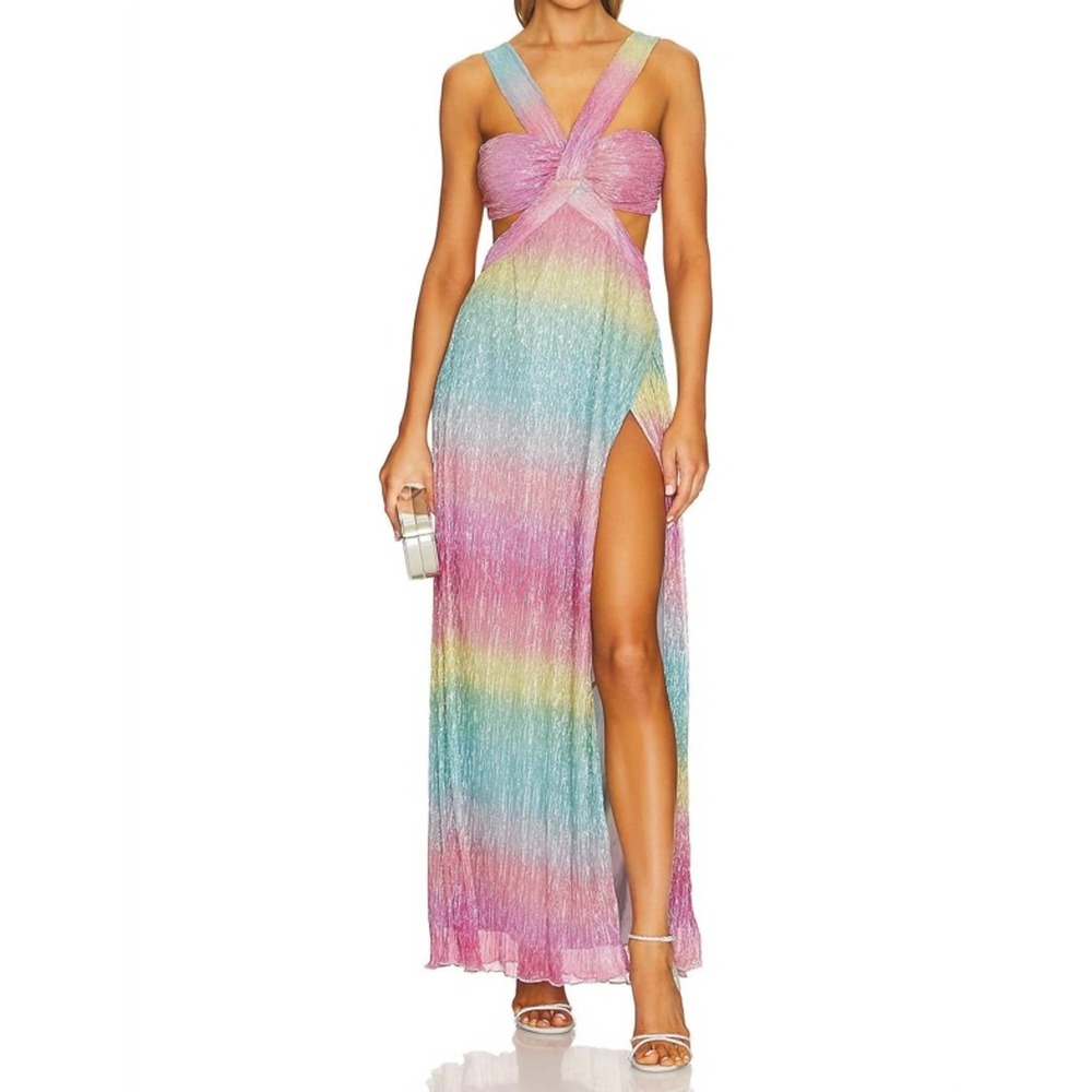 SAYLOR Pastel Rainbow Pleated Maxi Dress with Cutout